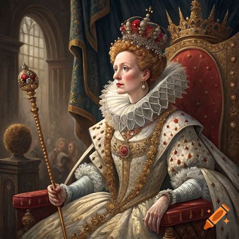 Portrait of Queen Elizabeth I seated on a throne, holding a scepter. on Craiyon