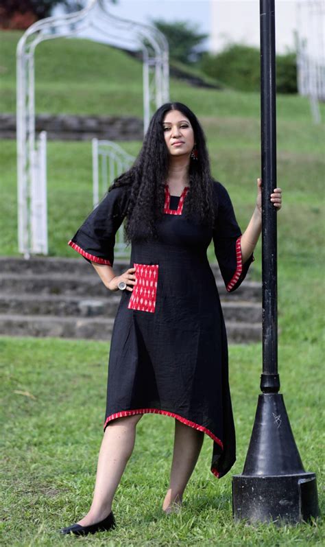 Asymmetric Fish Cut Dress with Funnel Sleeve and Ikkat Patches - Shohaag
