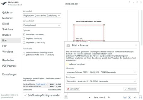 Grundlagen > Einzelaktionen > Postbrief als Service > Adresskorrektur