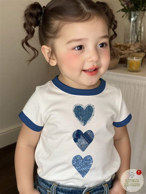 Cute Heart Pattern, Baby Girl Simple Casual Short Sleeve Round Neck Top ...