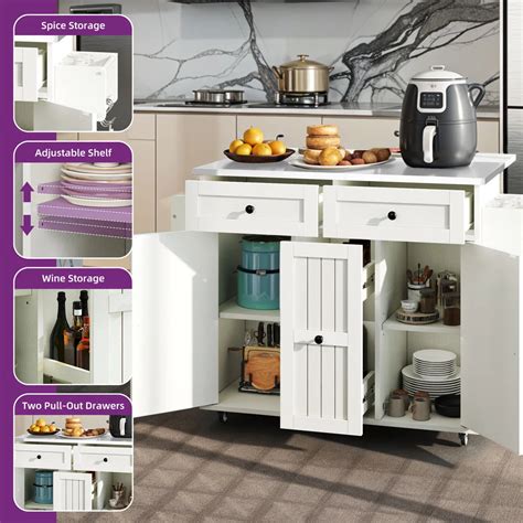 Kitchen Island Table: – 39.4" Wide White Rolling Island Set with Stain ...
