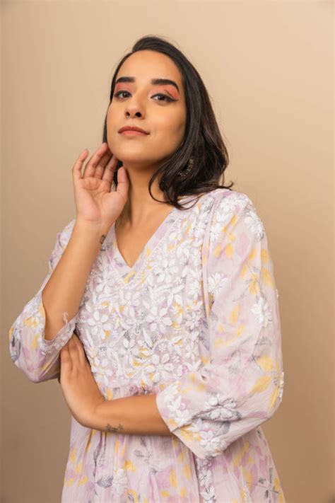 Fizaa Chikankari Long Kurta in Mul Cotton for Women- Purple Print ...