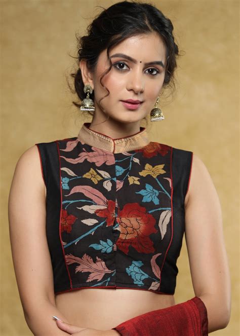 Black sleeveless Nehru collar blouse with exclusive kalamkari front pa ...