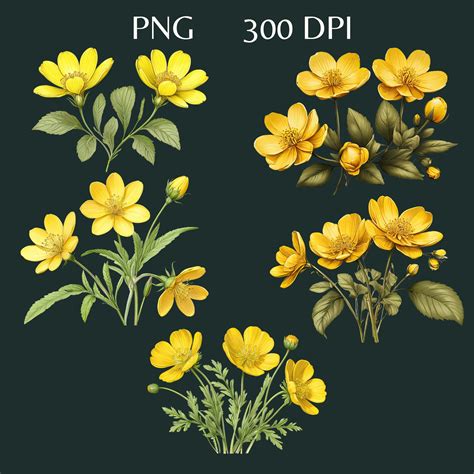 Yellow Buttercup Flowers Clipart, Spring Floral Clip Art, Instant ...