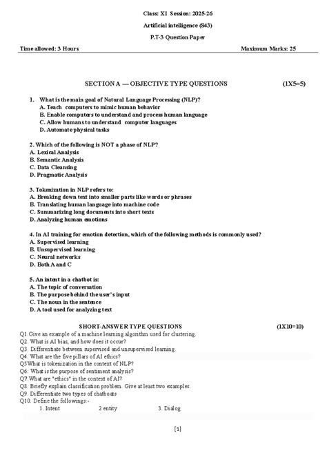 Class XI AI (843) PT3 Question Paper & Study Materials - Studocu
