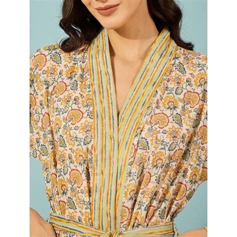 Buy The Kaftan Company Floral Yellow Cotton Wrap Nightdress with Belt ...
