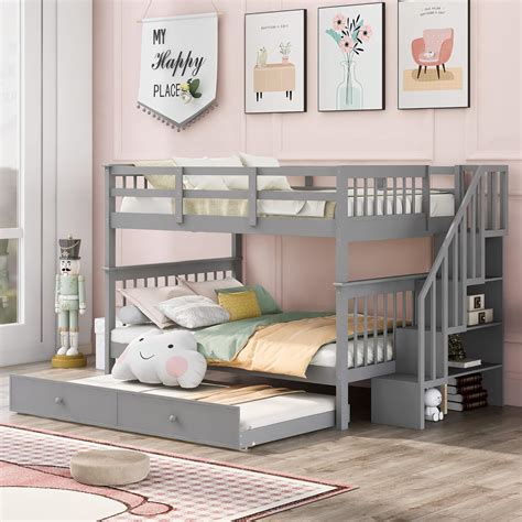 Buy Wooden Bunk Bed Frame, Full Over Full Bunk Bed with Trundle, Bunk ...
