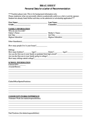 Brag Sheet Personal Data for a Letter of Recommendation - Fill and Sign ...