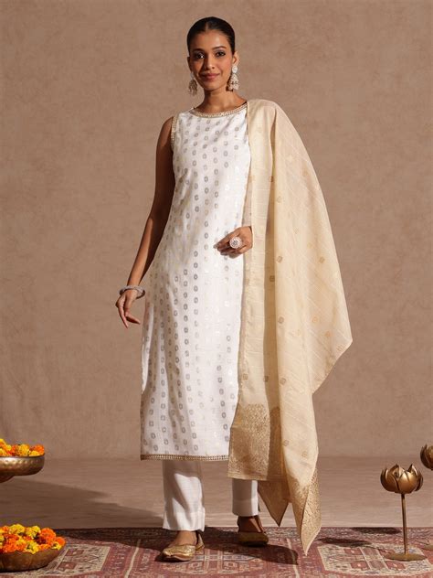 Janasya Women's White Silk Blend Embellished Gold Printed Straight Kur