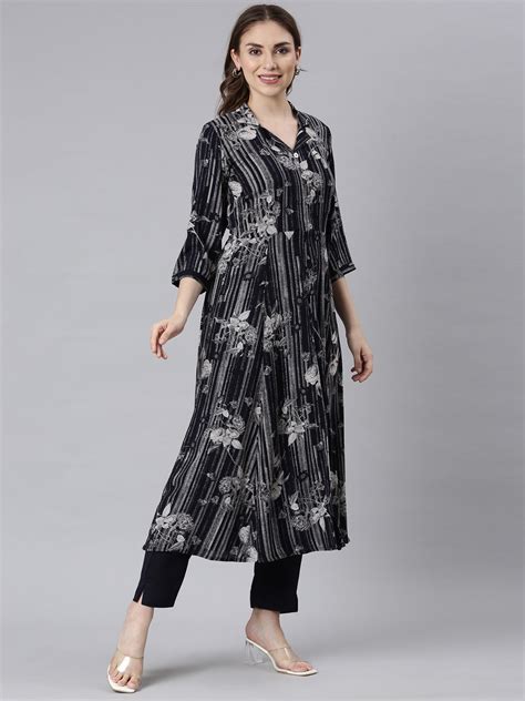 Neerus Black Floral Printed Straight Kurta Set - Kurta + Trouser for ...