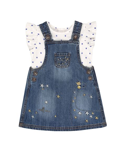 Buy Girls Half Sleeves Denim Dress And Tee Set Embroidered - Blue White ...