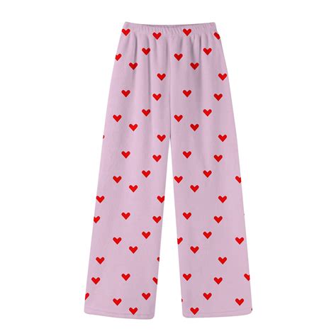 Womens Flannel Pajama Pants Fluffy Heart Print Valentines Plush Warm ...