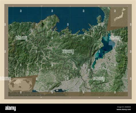 Kyoto, urban prefecture of Japan. High resolution satellite map. Locations of major cities of ...