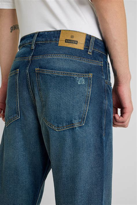 Buy Men's Dark Blue Distressed Baggy Fit Jeans Online | Snitch – SNITCH