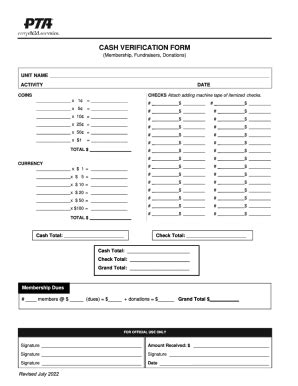 2022-2026 PTA Cash Verification Form - Blank Fillable Template | Fill ...