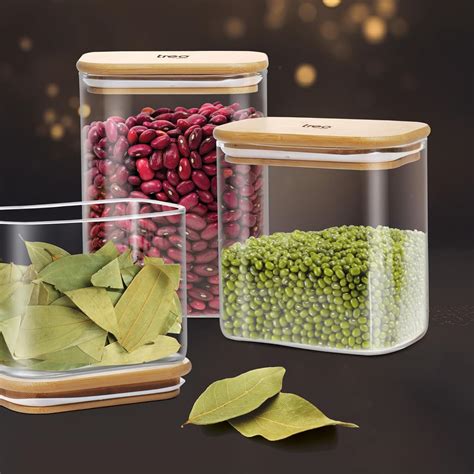 Treo Borosilicate Recto Storage Glass Jar with Wooden Lid | Transparen ...