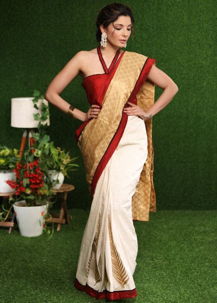 Exclusive off-white Cotton silk with gold brocade saree & Zari motif o ...