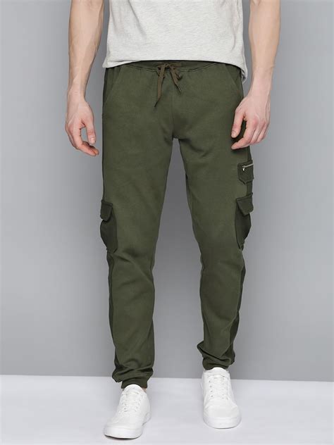 Mast & Harbour Men Olive Green Solid Pure Cotton Cargo Style Joggers ...