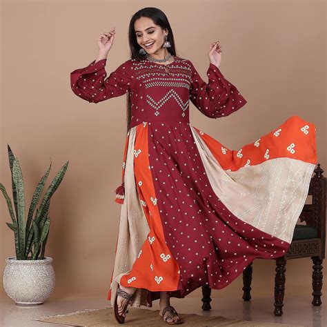 Buy Rustorange Women's Viscose Anarkali Bandhani Printed Kalidaar Dress ...