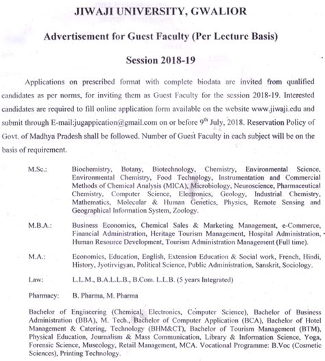 JIWAJI University Guest Faculty Jobs 2018 in Life Sciences Subjects