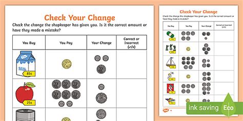 Singapore Money - Check your change from $1 worksheets