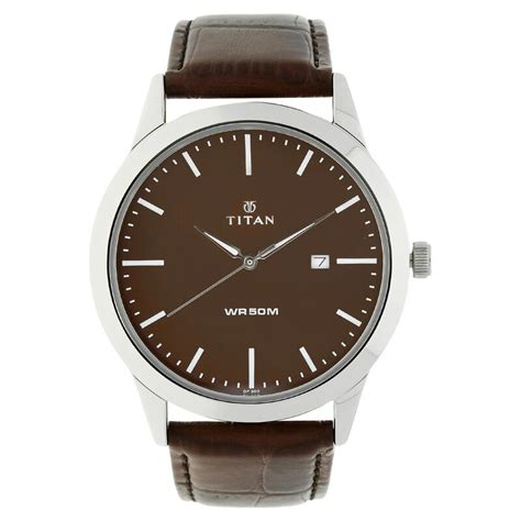 Buy Online Titan Quartz Analog with Date Brown Dial Leather Strap Watch ...