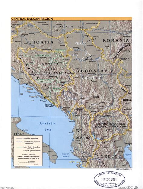 Large political map of Central Balkan Region with relief, marks of capitals, large cities and ...