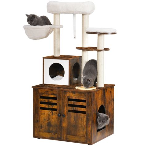Heybly Cat Tree, Wood Litter Box Enclosure with Food Station, All-in-one Indoor Cat Furniture ...