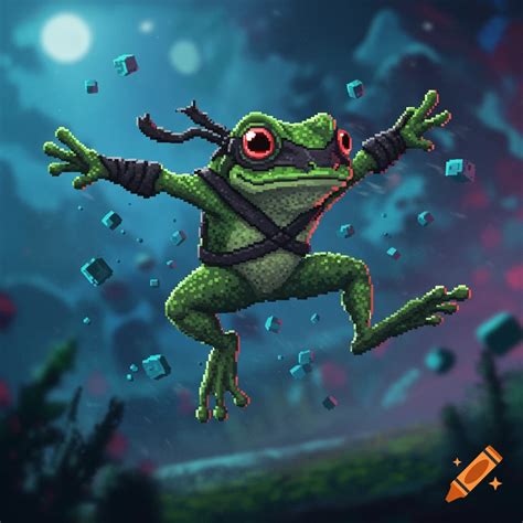 A pixel art ninja frog with red eyes and a black mask leaps through a ...