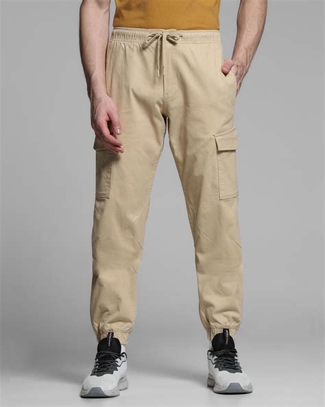 Khaki Mid Rise Cotton Cargo Trousers