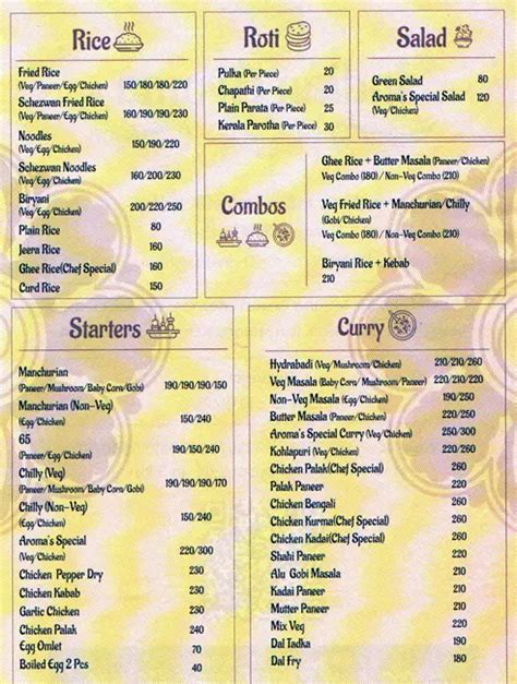 Menu at Indian Aroma, Bengaluru