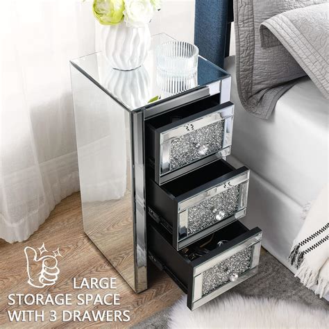 Buy Mirrored Nightstand with 3 Drawers, Mirrored End Table Silver ...