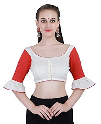 Buy White and Red Cotton Silk Non-Padded Front-Open Blouse in Round ...
