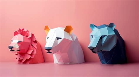 Three papercraft animal heads a lion a polar bear and a bear arranged ...