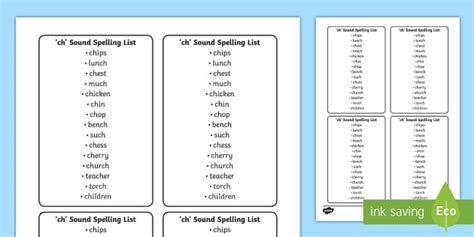 'ch' Sound Spelling List Cards