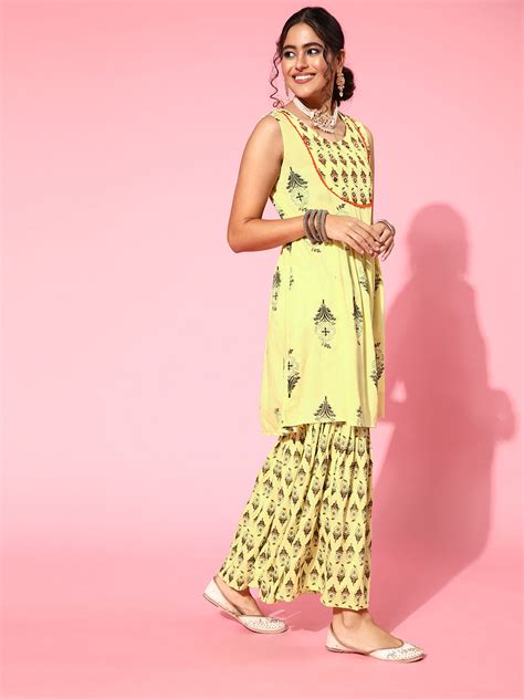 Light Yellow Mirror Work Sharara Set With Dupatta