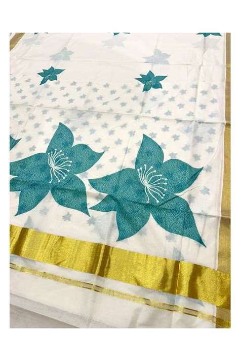 Southloom Exclusive Onam Kasavu Saree with Turquoise Floral Print Acro ...