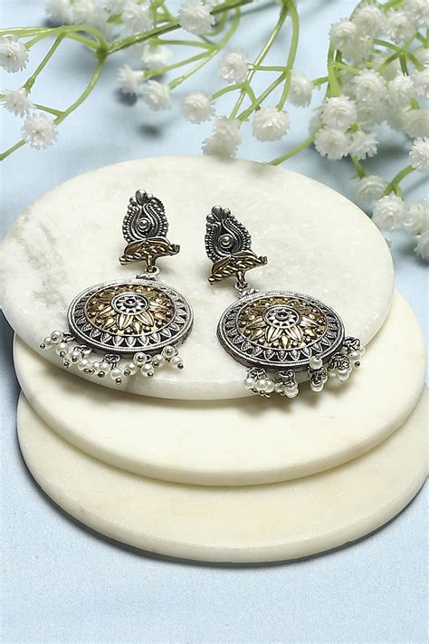 Buy Gold-Toned Oxidised Circular Danglers Online at Biba India