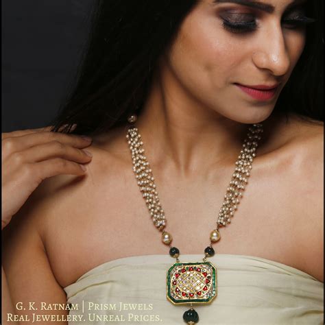 23k Gold and Diamond Polki octagonal colorful Pendant with Pearl Chain ...