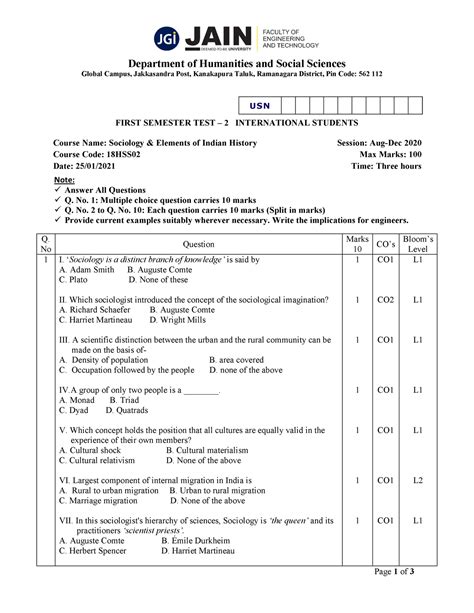 First Semester TEST – 2 - Page 1 of 3 Department of Humanities and ...