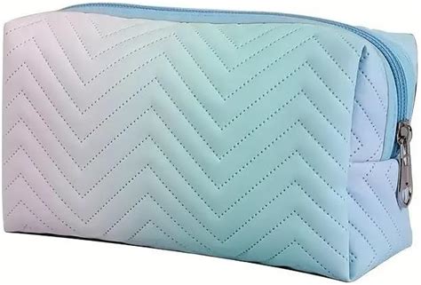 KASTURAA Quilted Cosmetic Pouch, Ombre Blue, Chevron Pattern, Zip ...
