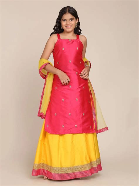 Buy NOZ2TOZ Pink & Yellow Embroidered Ready to Wear Lehenga & Blouse ...