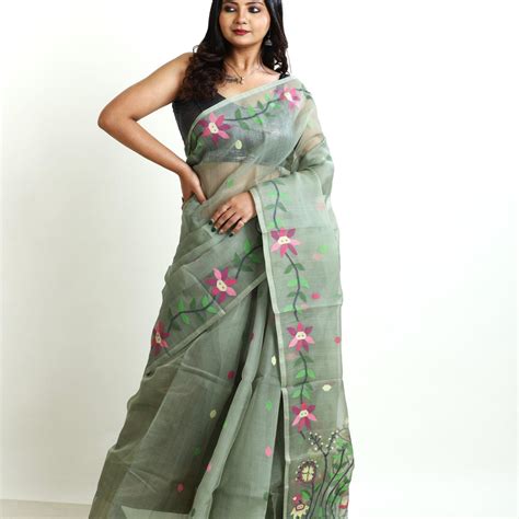 Moss Green Muslin Silk Jamdani Saree with Lata Border – Tamal Boutique
