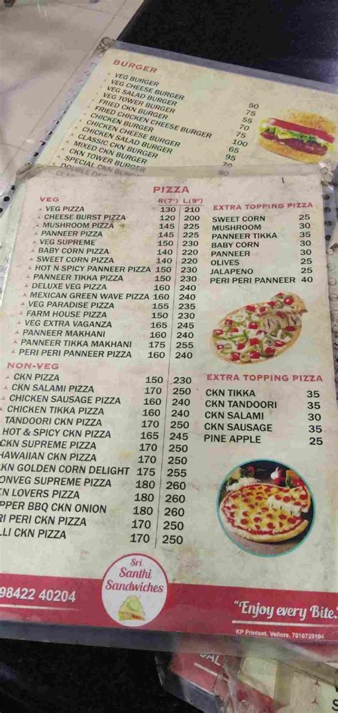 Menu at Santhi Sandwich, Vellore