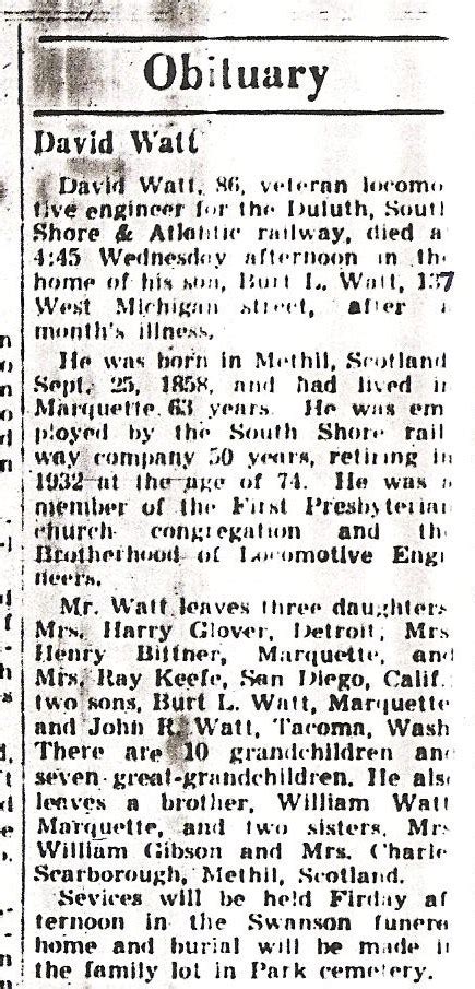 Journey to the Past: David Watt of Marquette, Michigan Obituary