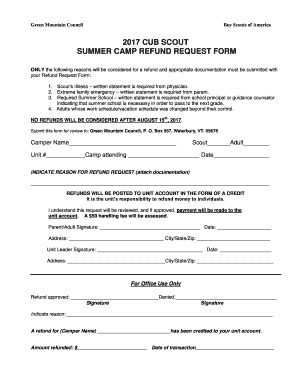 Fillable Online scoutingvermont 2017 CUB SCOUT SUMMER CAMP REFUND ...