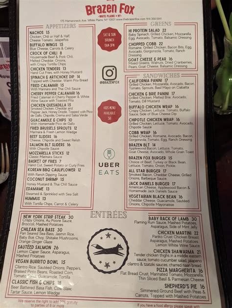 Menu at The Brazen Fox pub & bar, White Plains