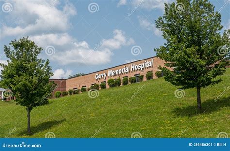 Corry, Pennsylvania, USA August 1, 2023 the Sign for the Corry Memorial Hospital on the Building ...