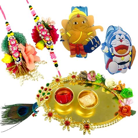 Buy Evisha Pair Assorted Design Rakhi Roli Chawal Plate And 2 Kids ...