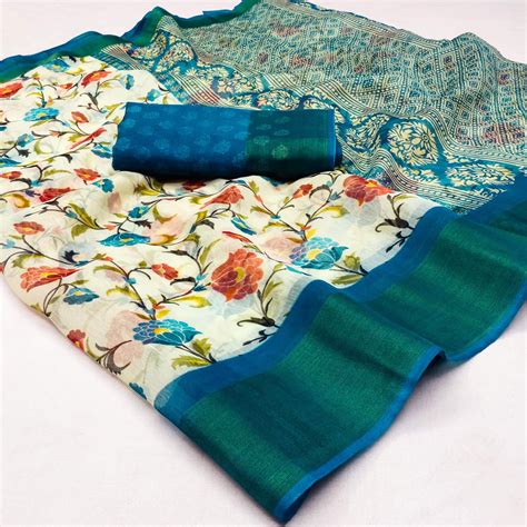 White & Teal Blue Floral Printed Cotton Blend Saree